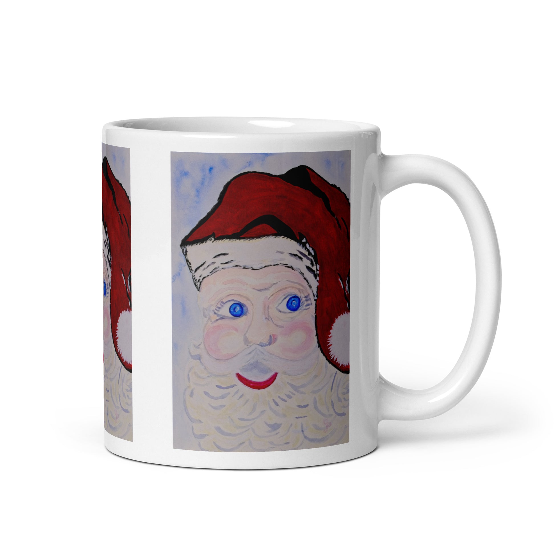 White mug with a graphic of Santa Claus on a white background