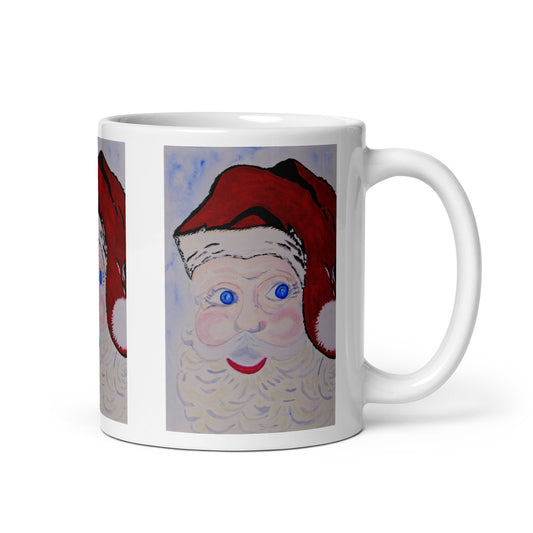 White mug with a graphic of Santa Claus on a white background