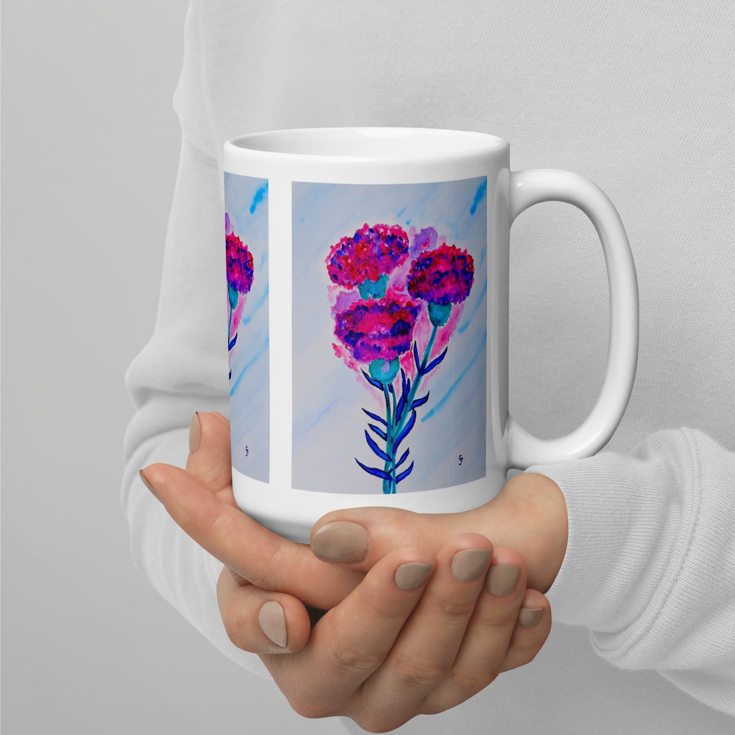 Ceramic mug featuring original artwork, perfect for coffee, tea, or hot cocoa—microwave and dishwasher safe, ideal for daily use, gifting, or adding artistic charm to your kitchen.
