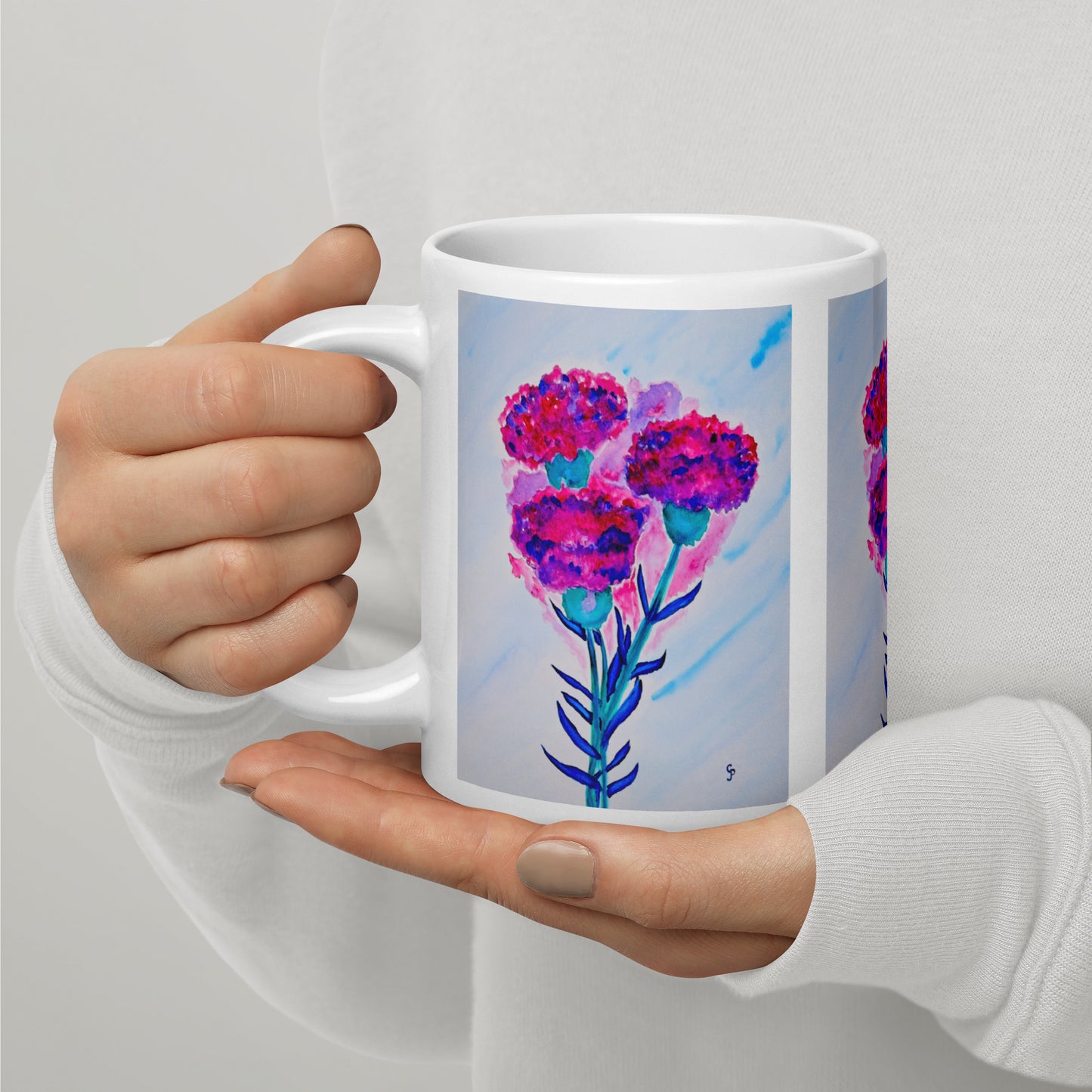 Ceramic mug featuring original artwork, perfect for coffee, tea, or hot cocoa—microwave and dishwasher safe, ideal for daily use, gifting, or adding artistic charm to your kitchen.