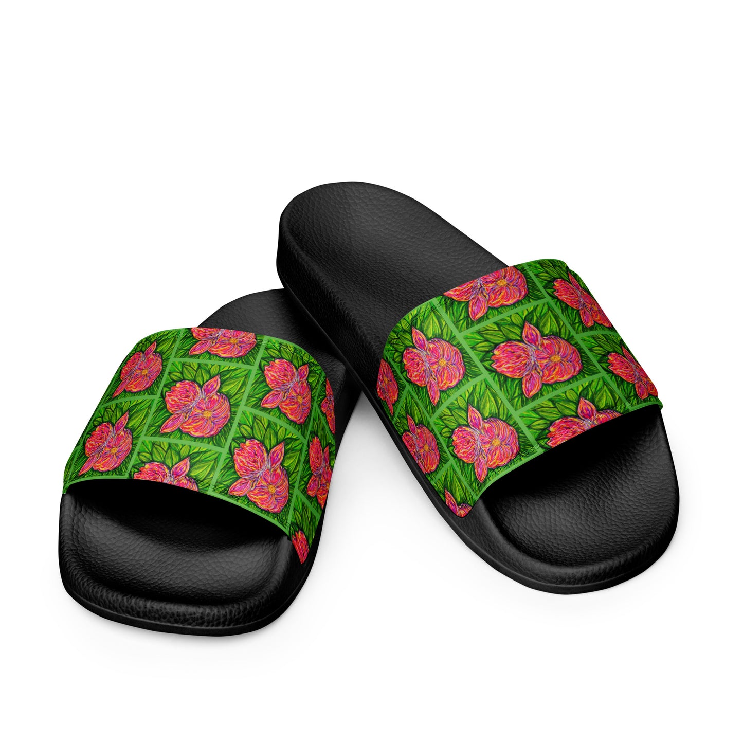 Black slides with green floral pattern on a white background