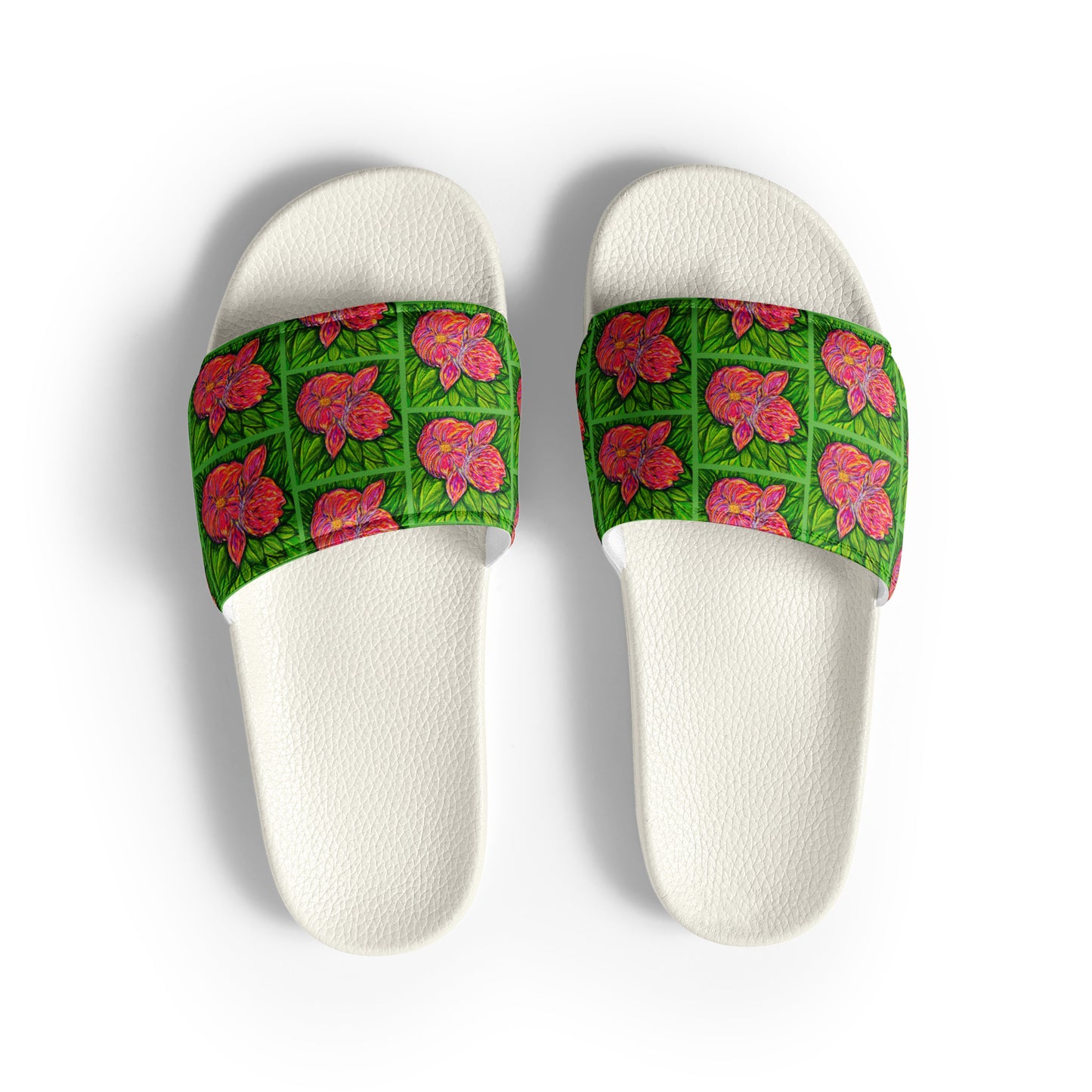 White slides with green floral design on a white background
