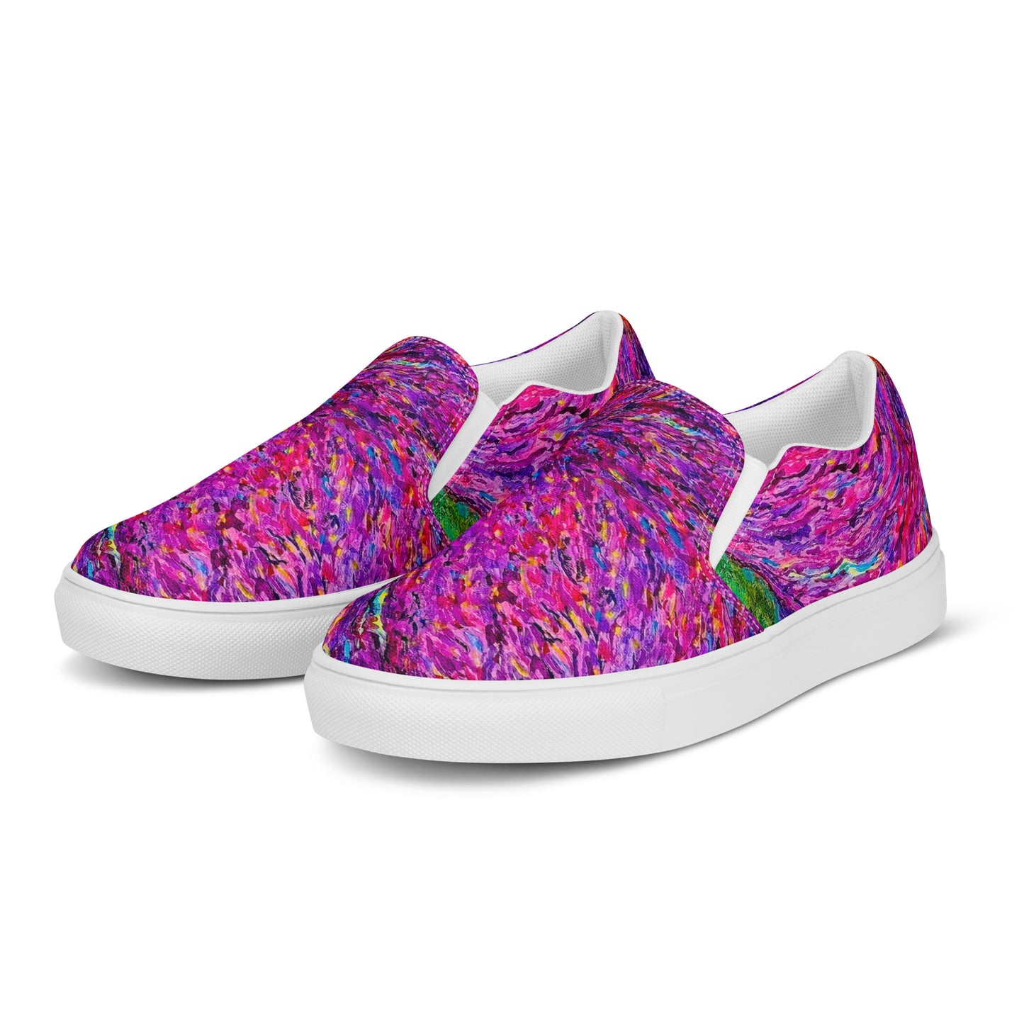 Colorful abstract-patterned sneakers on a white background