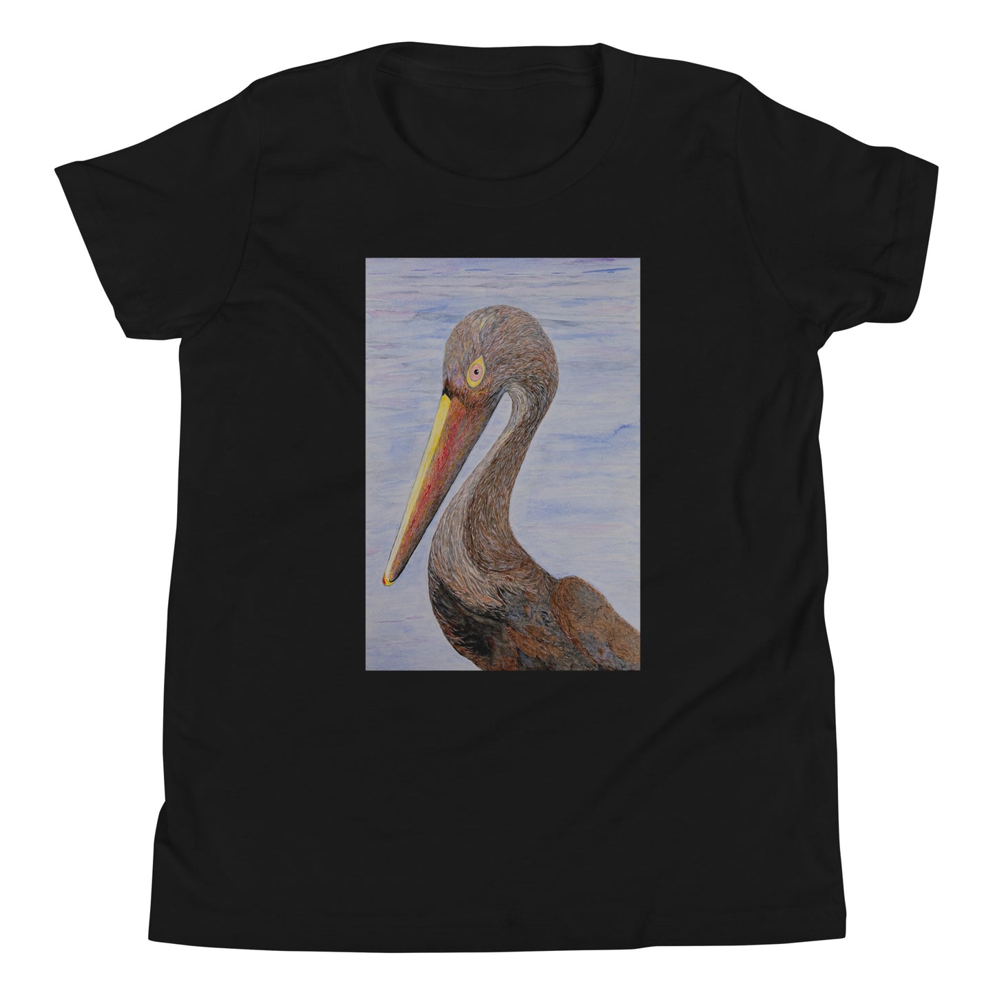Black t-shirt with a pelican design on a white background