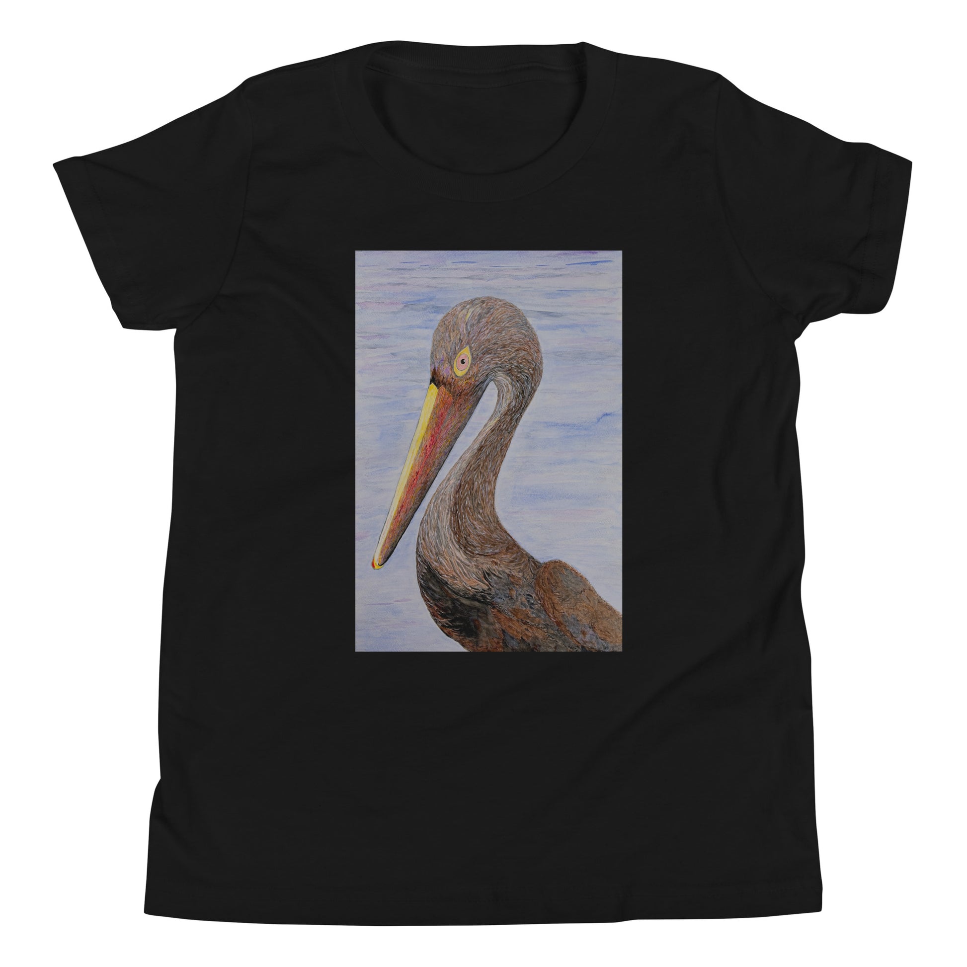 Black t-shirt with a pelican design on a white background