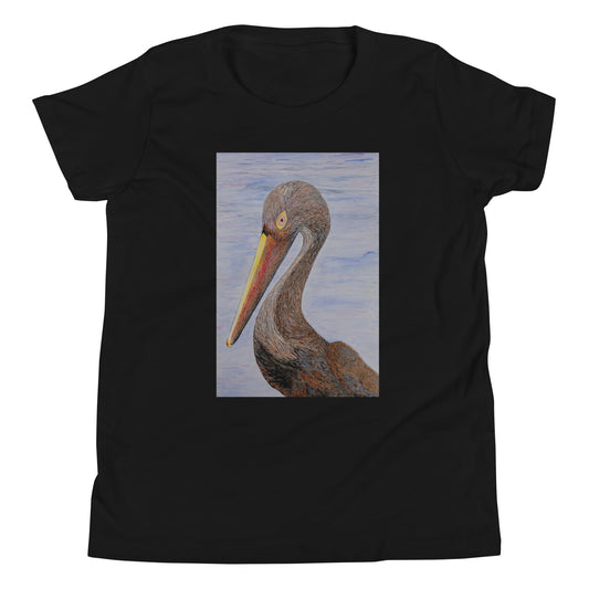 Black t-shirt with a pelican design on a white background