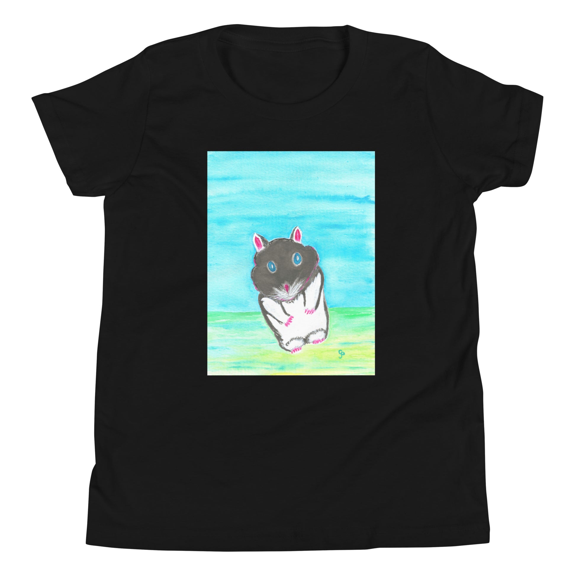 Black t-shirt with a colorful graphic of a hamster on a white background