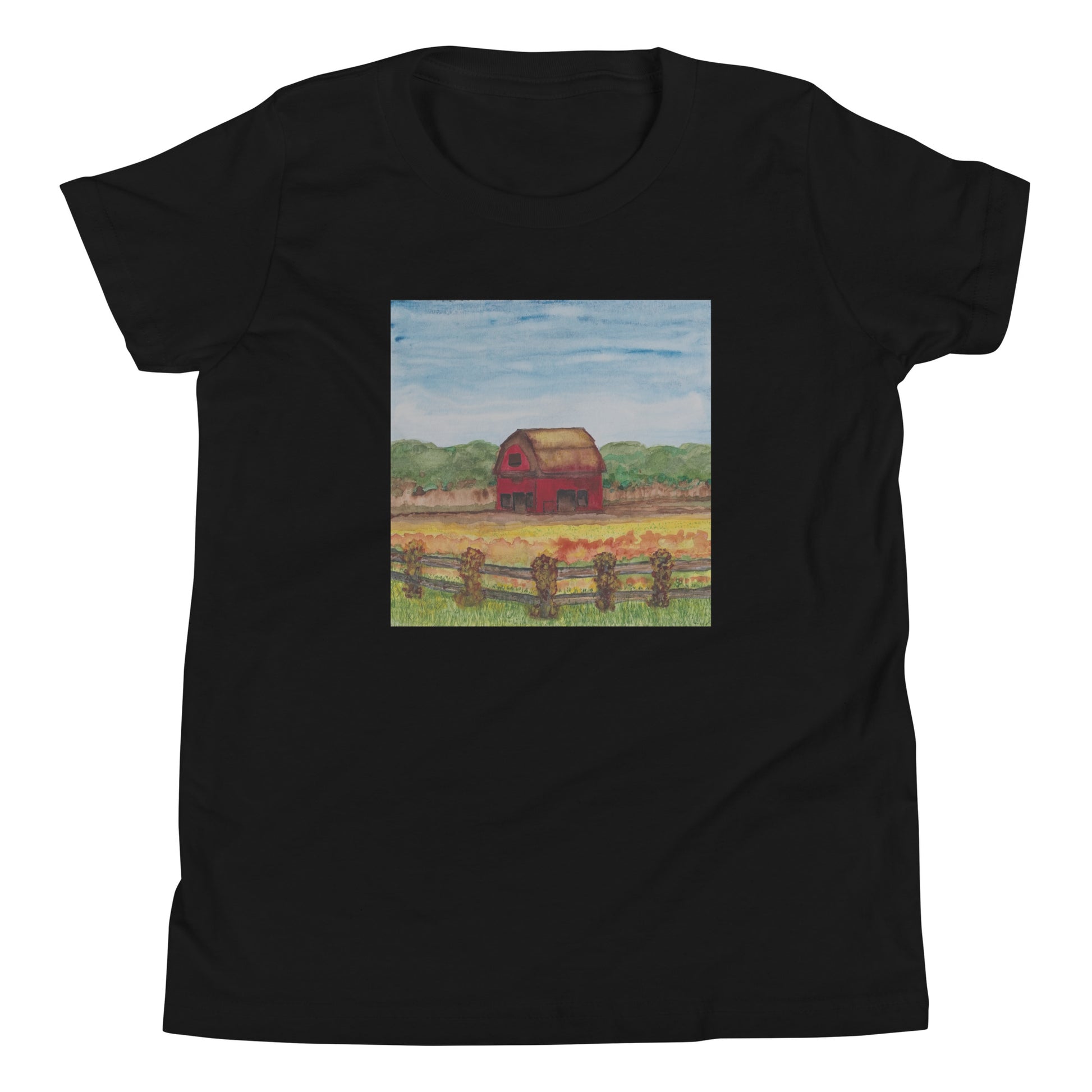 Black t-shirt with a red barn graphic on a white background