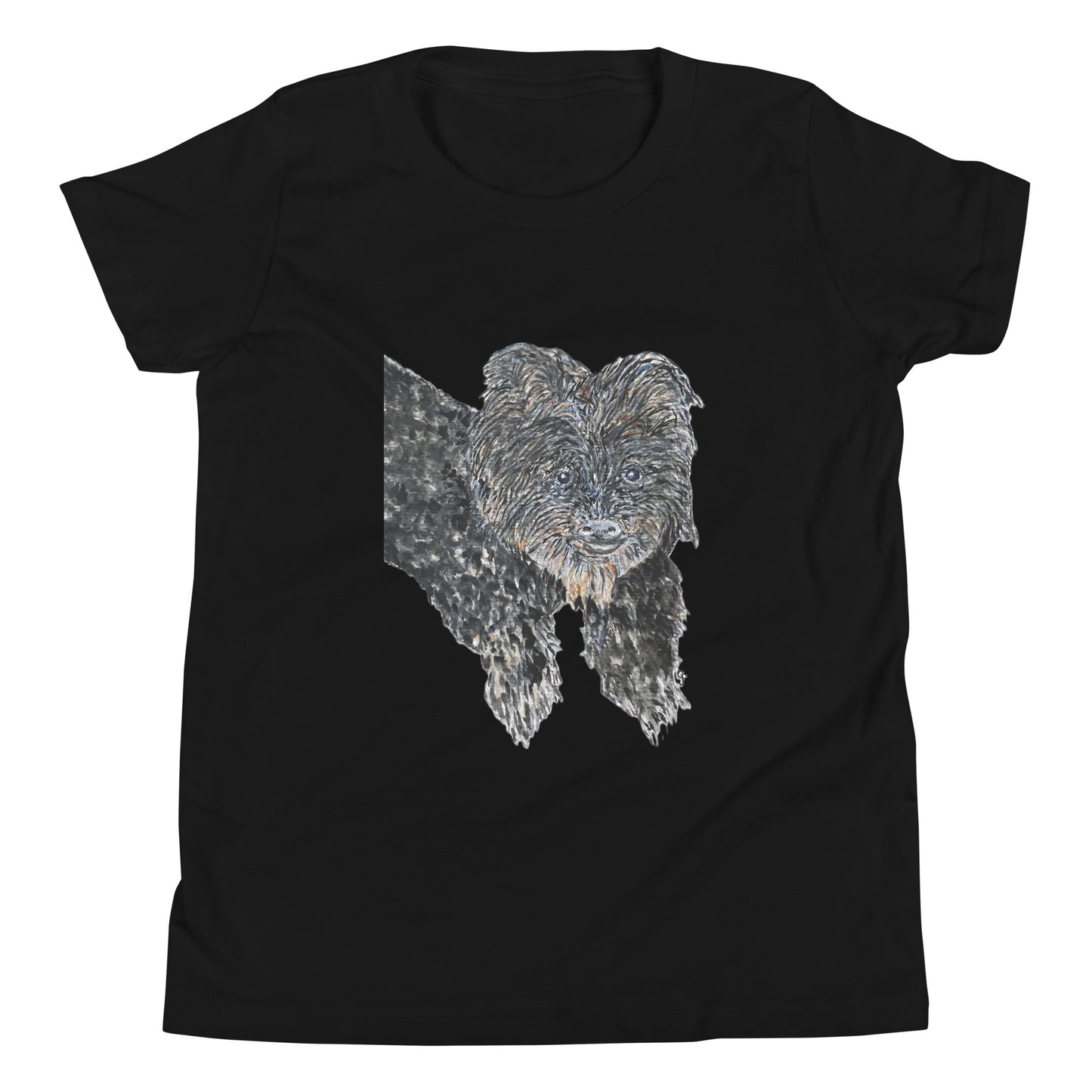 Black t-shirt with a white dog illustration