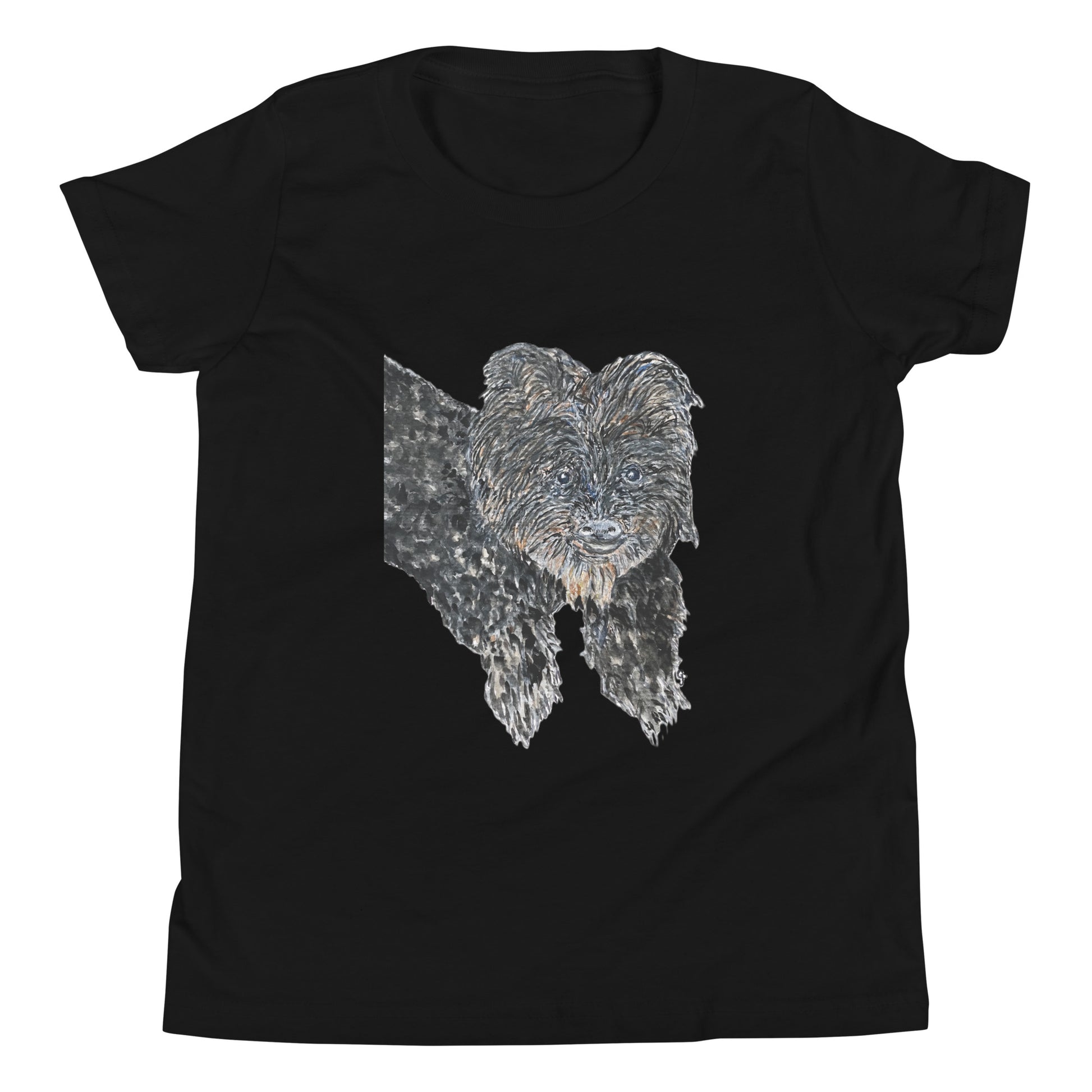 Black t-shirt with a white dog illustration