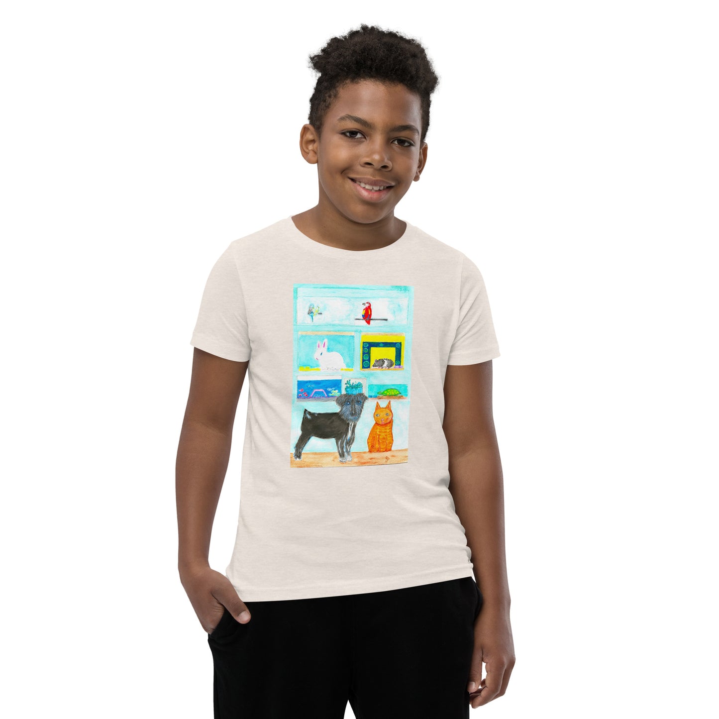 Child wearing a white t-shirt with a colorful graphic watercolor design on a white background
