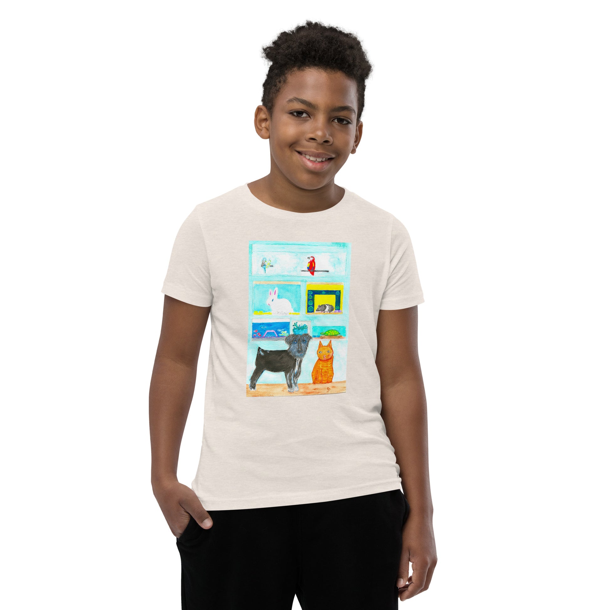 Child wearing a white t-shirt with a colorful graphic watercolor design on a white background