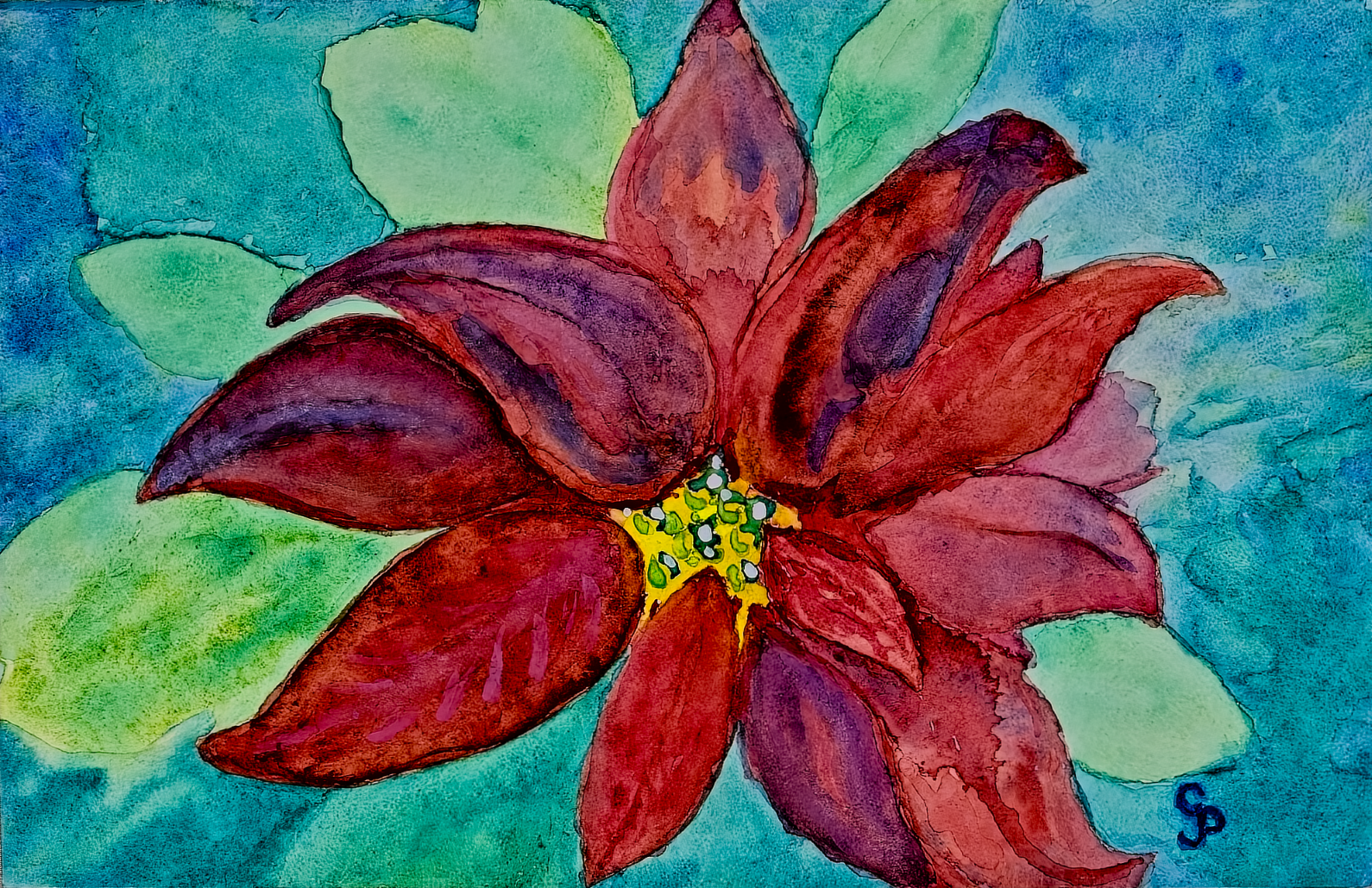 Colorful painting of a poinsettia flower with a blue and green background
