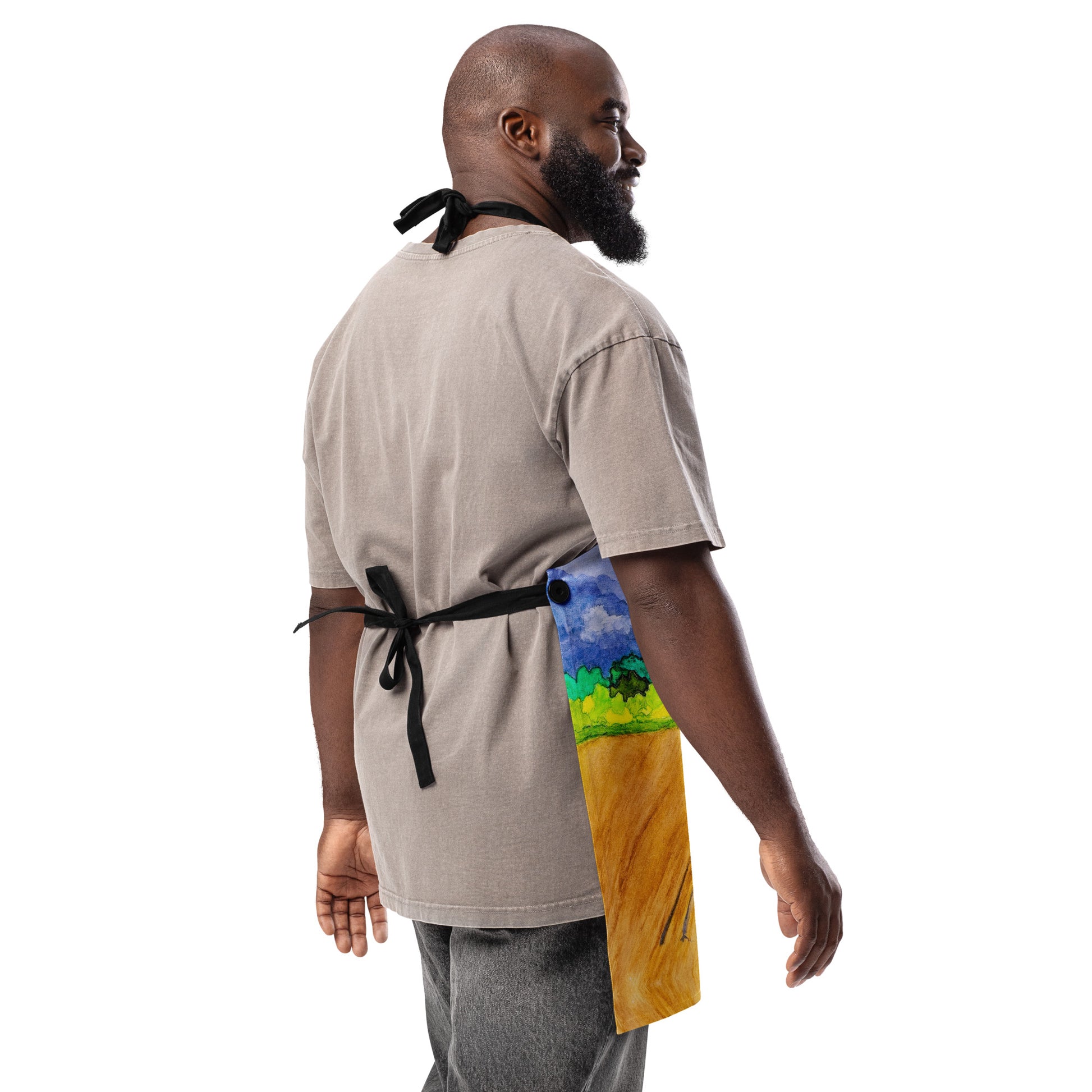 Durable kitchen apron featuring original artwork—adjustable fit with spacious front pockets, perfect for cooking, baking, grilling, or crafting in style; ideal for home chefs and creative gift ideas.
