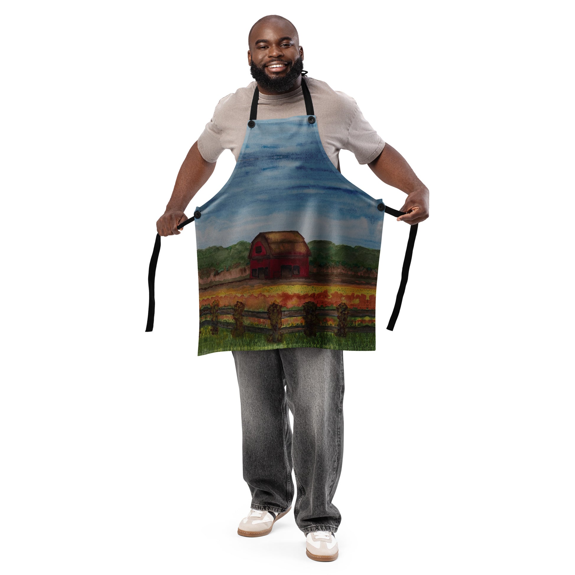 Durable kitchen apron featuring original artwork—adjustable fit with spacious front pockets, perfect for cooking, baking, grilling, or crafting in style; ideal for home chefs and creative gift ideas.