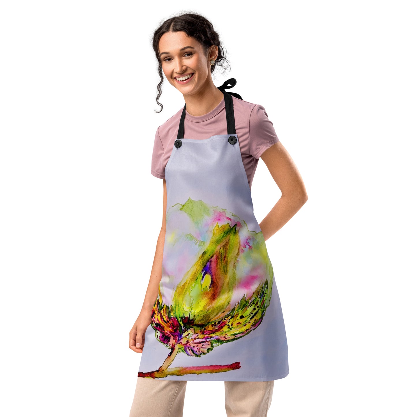 Durable kitchen apron featuring original artwork—adjustable fit with spacious front pockets, perfect for cooking, baking, grilling, or crafting in style; ideal for home chefs and creative gift ideas.