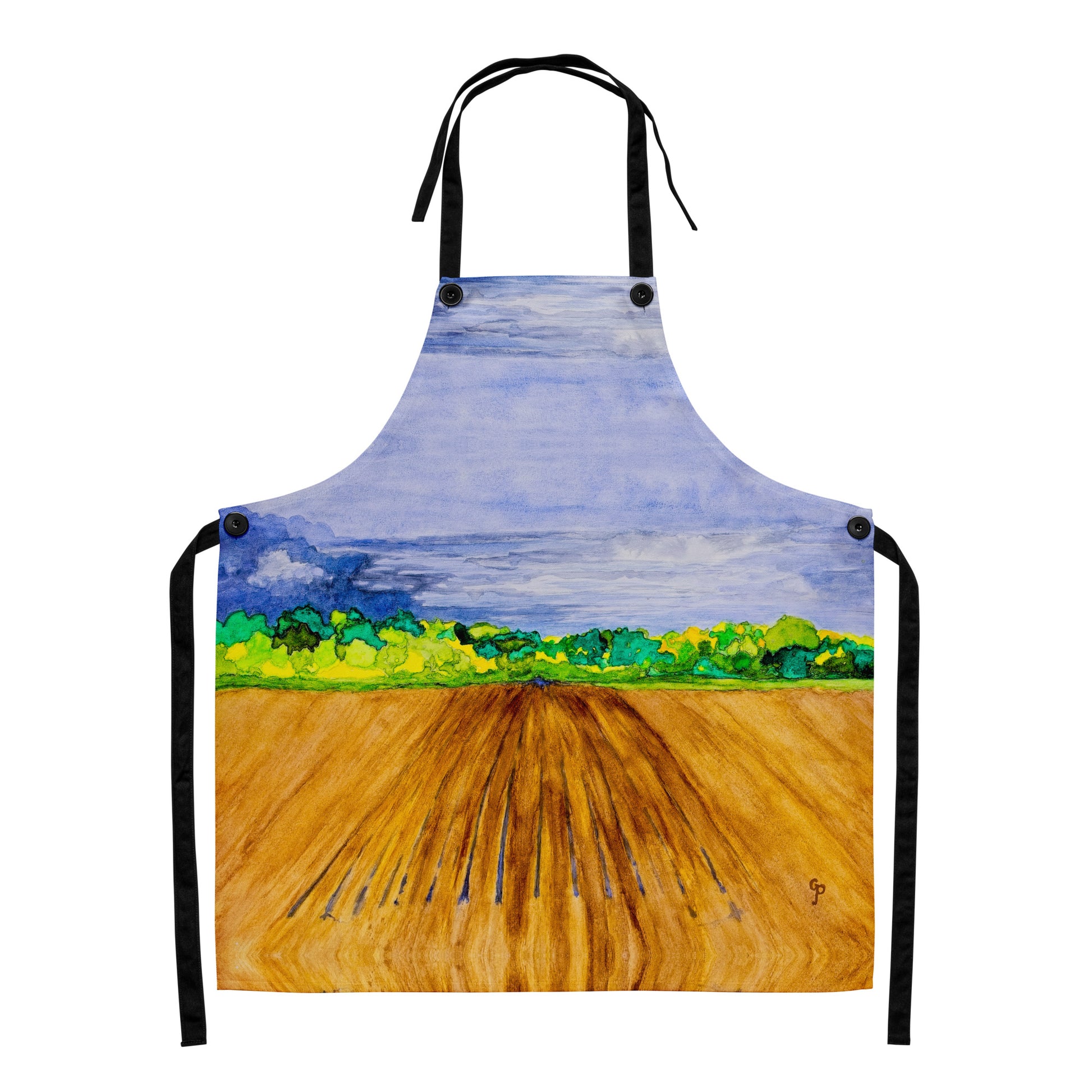 Apron with a painted design of a landscape featuring a blue sky, green trees, and brown field.