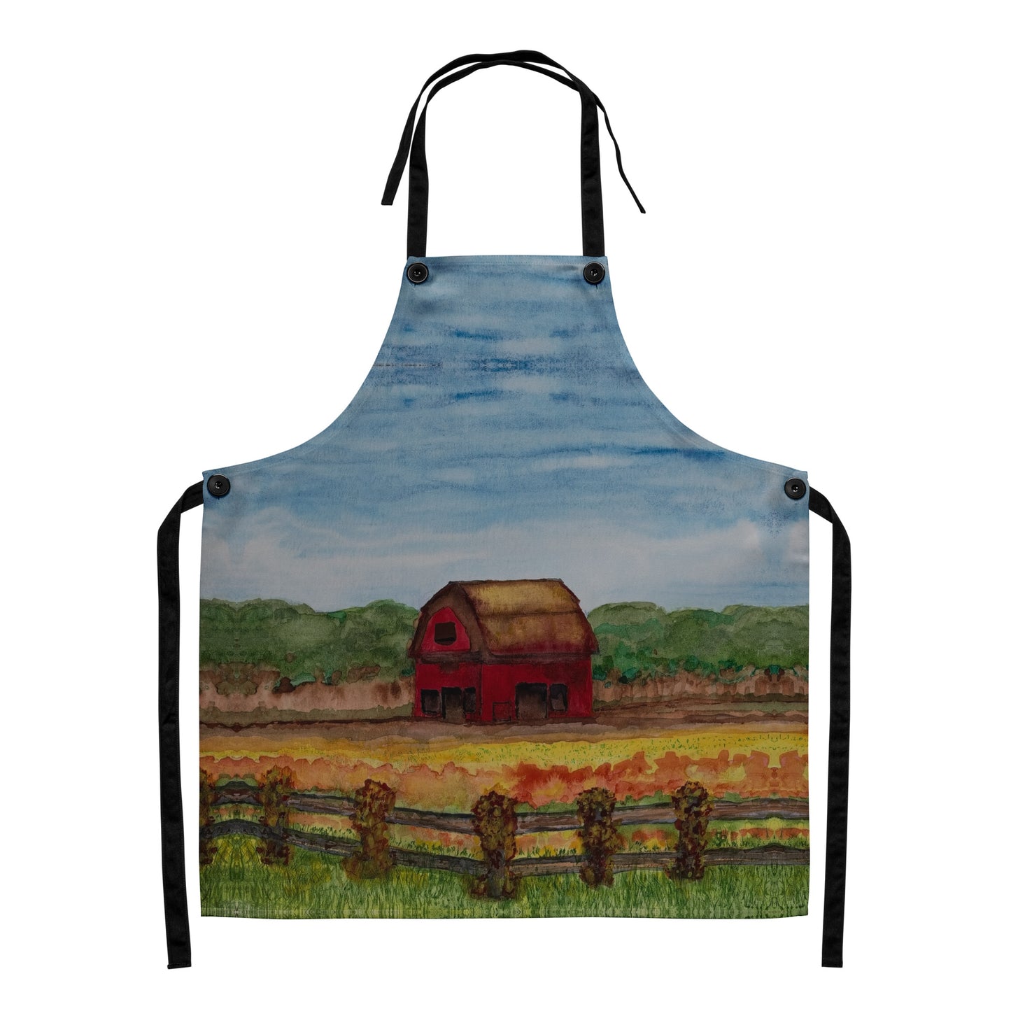 Apron with a painted design of a red barn in a field on a white background