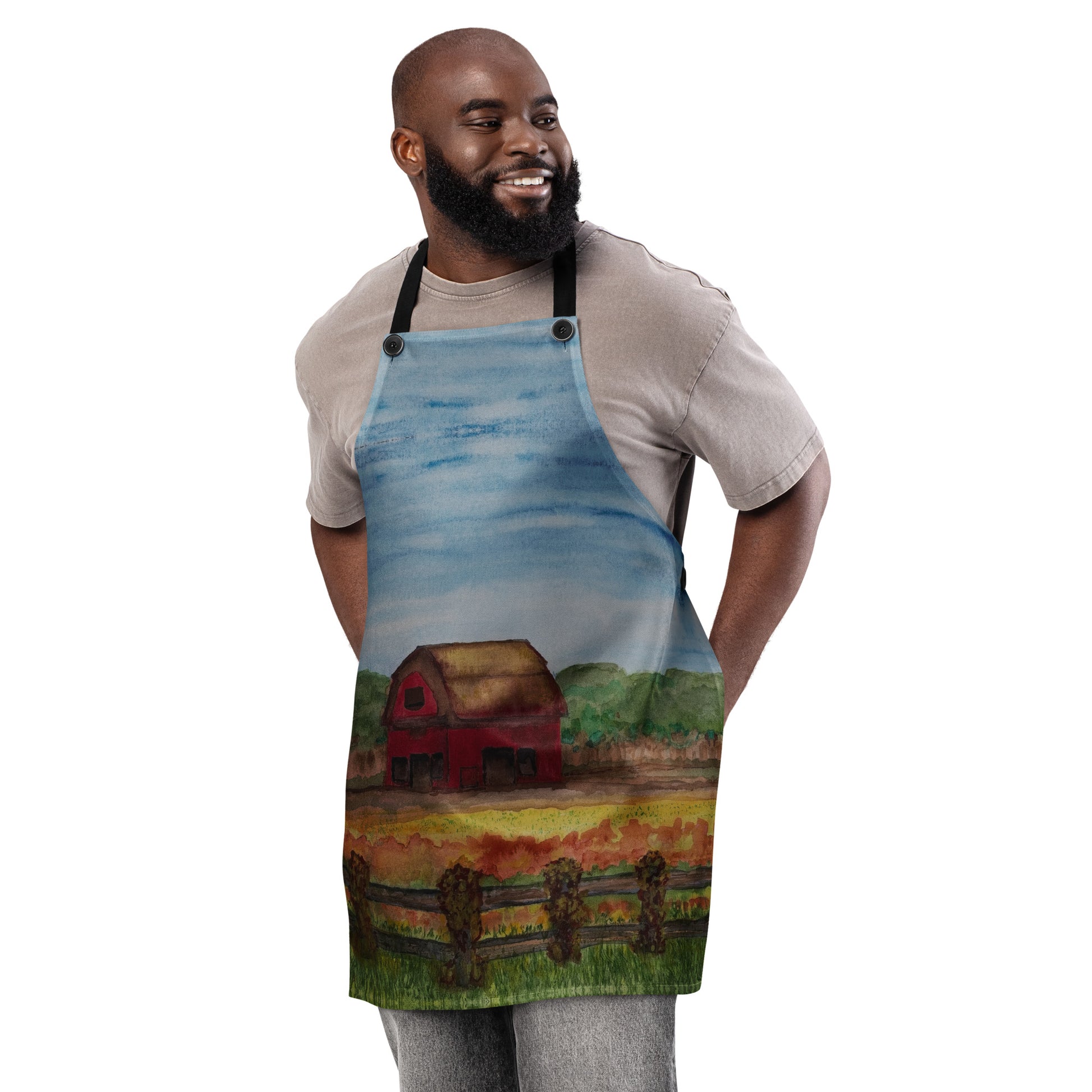 Durable kitchen apron featuring original artwork—adjustable fit with spacious front pockets, perfect for cooking, baking, grilling, or crafting in style; ideal for home chefs and creative gift ideas.