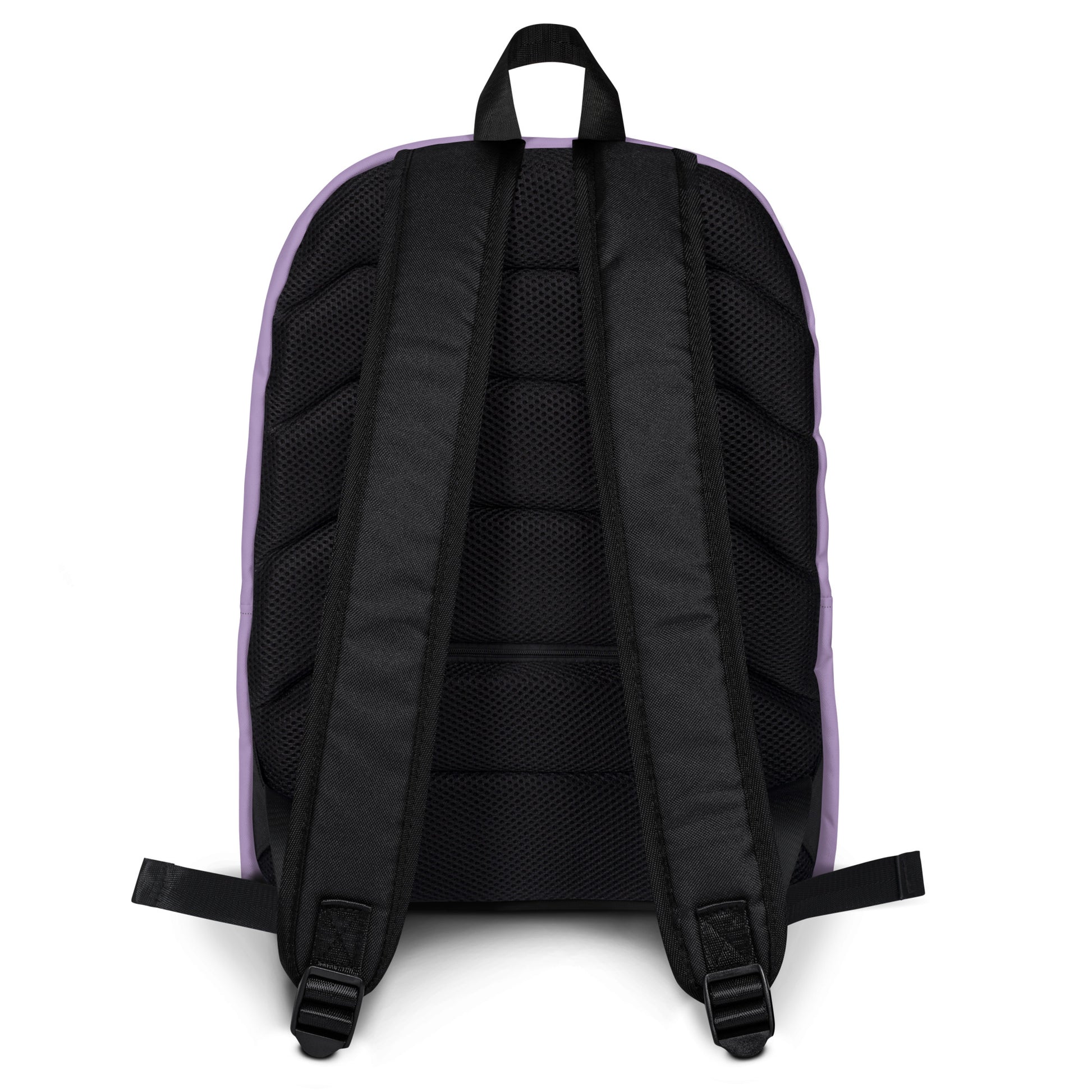 Backpack with black straps and purple accents on a white background