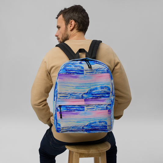 Stylish backpack featuring original artwork, with spacious compartments and durable construction—perfect for school, travel, work, or everyday use; combines function with artistic flair.