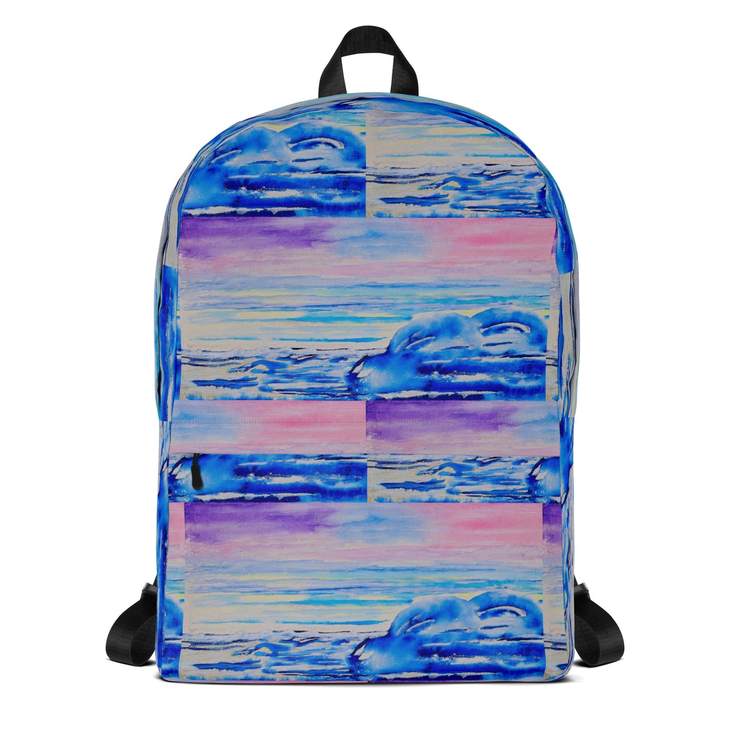Backpack with a blue and pink abstract wave design on a white background