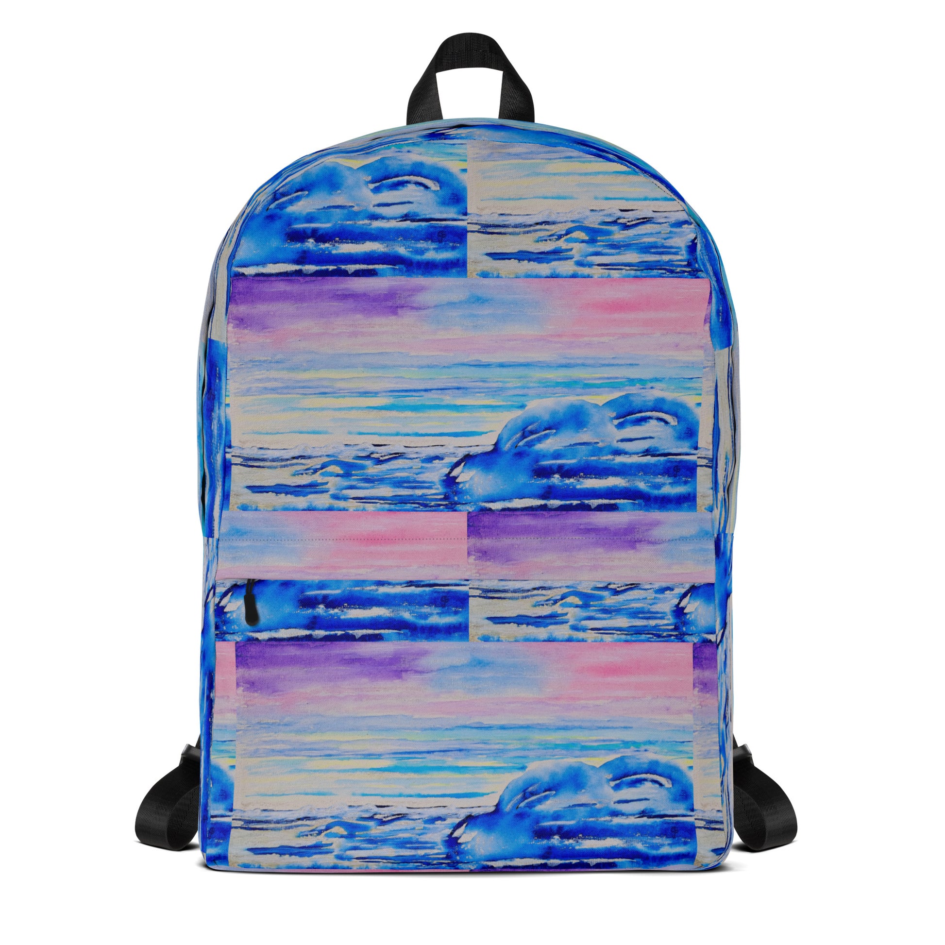 Backpack with a blue and pink abstract wave design on a white background