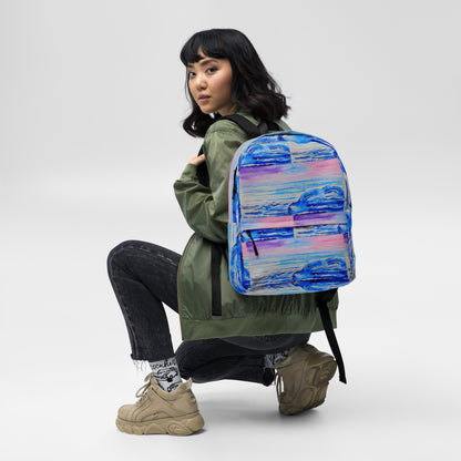 Stylish backpack featuring original artwork, with spacious compartments and durable construction—perfect for school, travel, work, or everyday use; combines function with artistic flair.