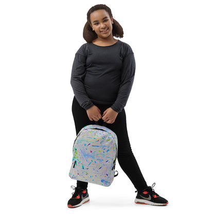 Stylish backpack featuring original artwork, with spacious compartments and durable construction—perfect for school, travel, work, or everyday use; combines function with artistic flair.