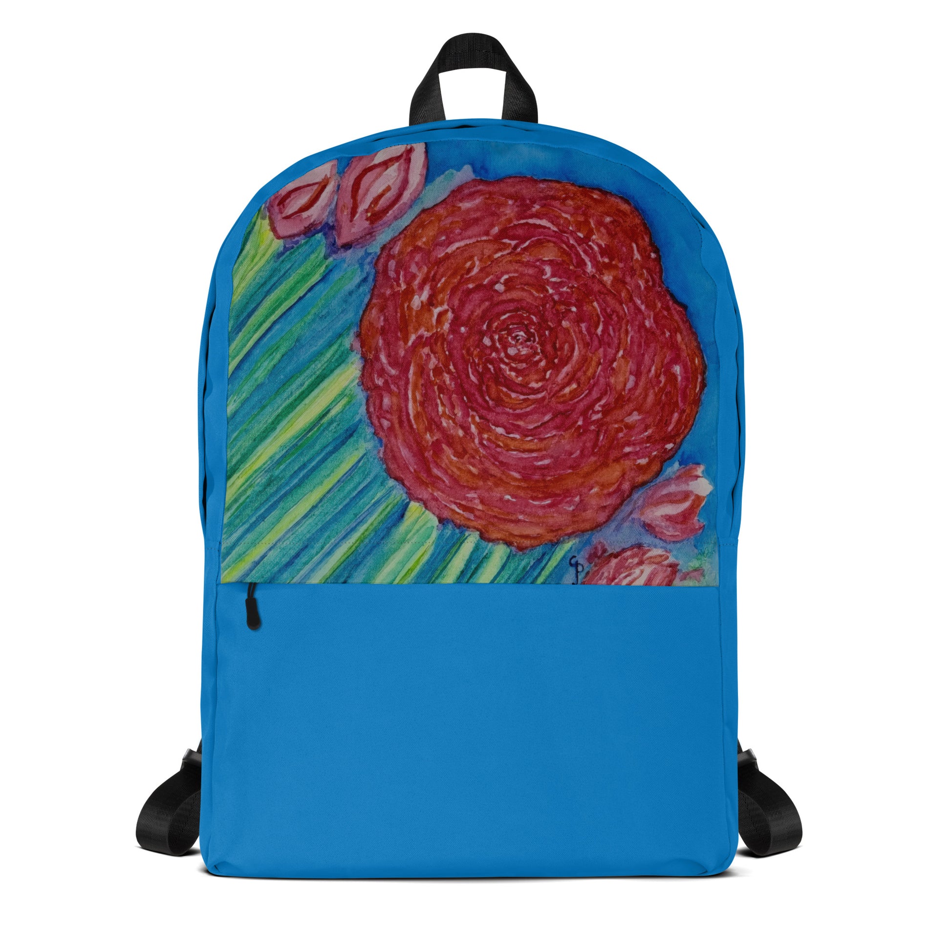 Stylish backpack featuring original artwork, with spacious compartments and durable construction—perfect for school, travel, work, or everyday use; combines function with artistic flair.