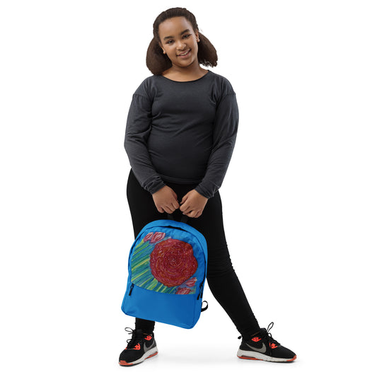 Stylish backpack featuring original artwork, with spacious compartments and durable construction—perfect for school, travel, work, or everyday use; combines function with artistic flair.