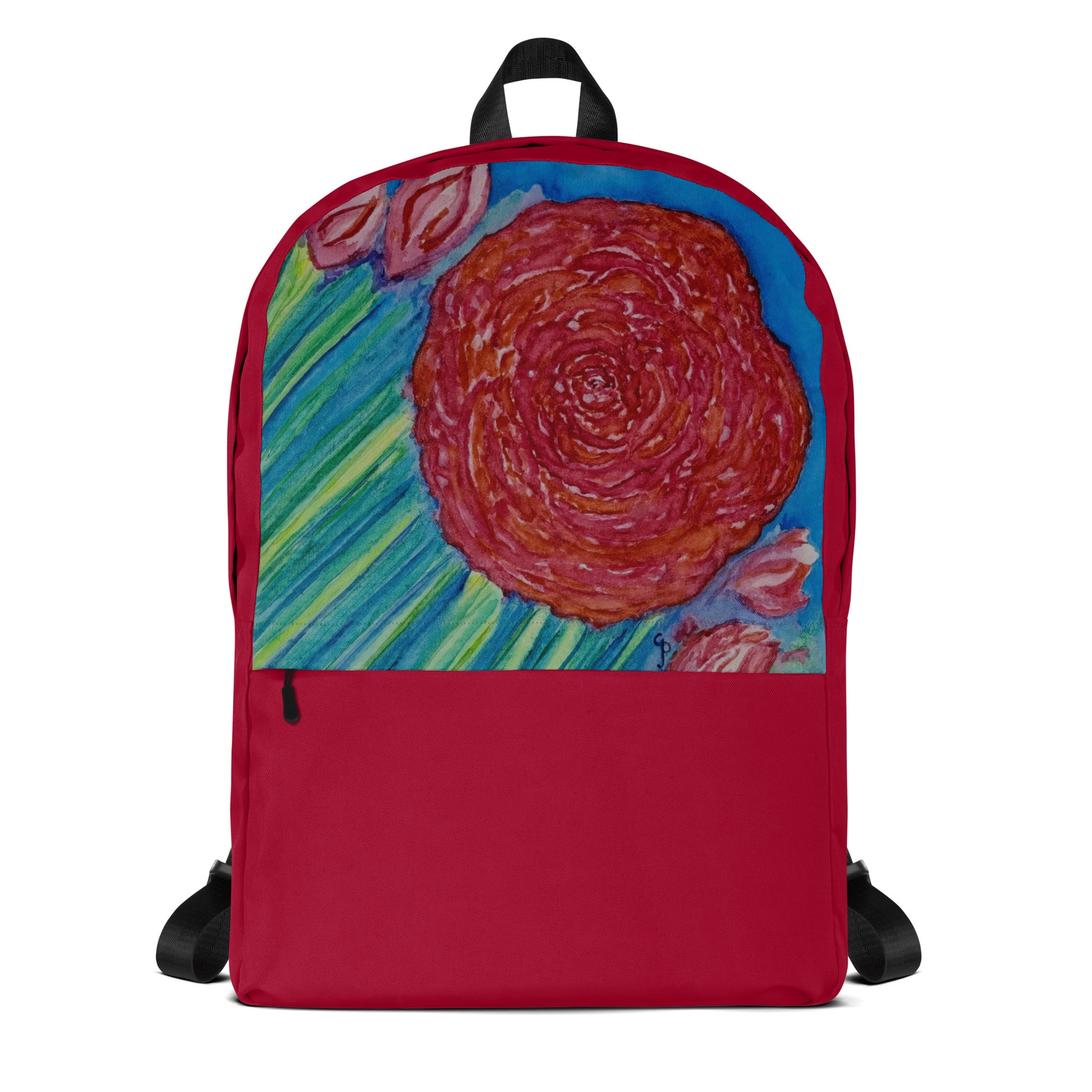 Stylish backpack featuring original artwork, with spacious compartments and durable construction—perfect for school, travel, work, or everyday use; combines function with artistic flair.
