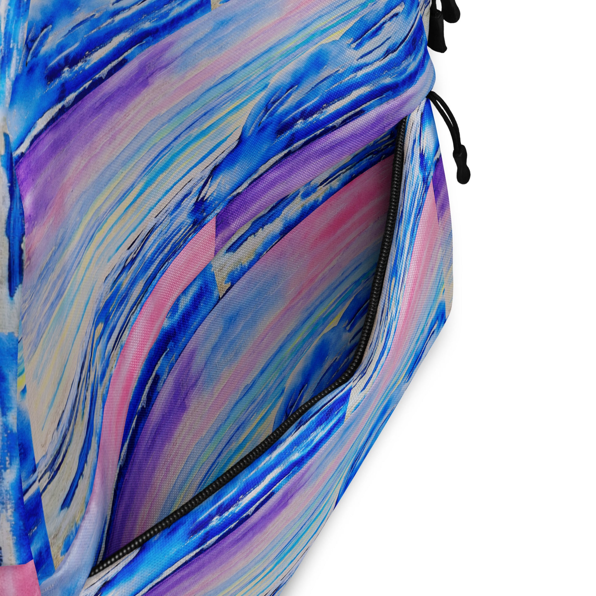 Stylish backpack featuring original artwork, with spacious compartments and durable construction—perfect for school, travel, work, or everyday use; combines function with artistic flair.