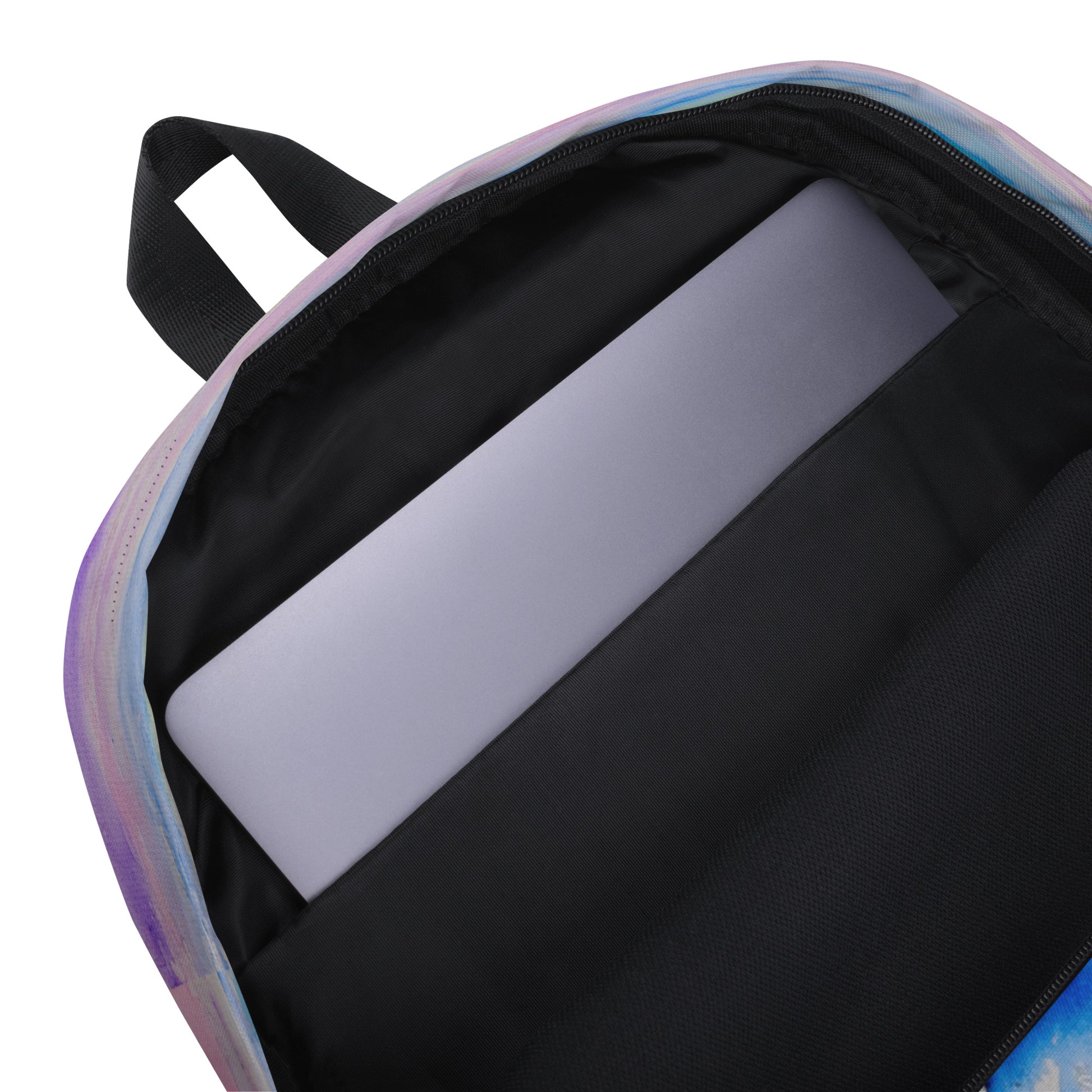 Stylish backpack featuring original artwork, with spacious compartments and durable construction—perfect for school, travel, work, or everyday use; combines function with artistic flair.