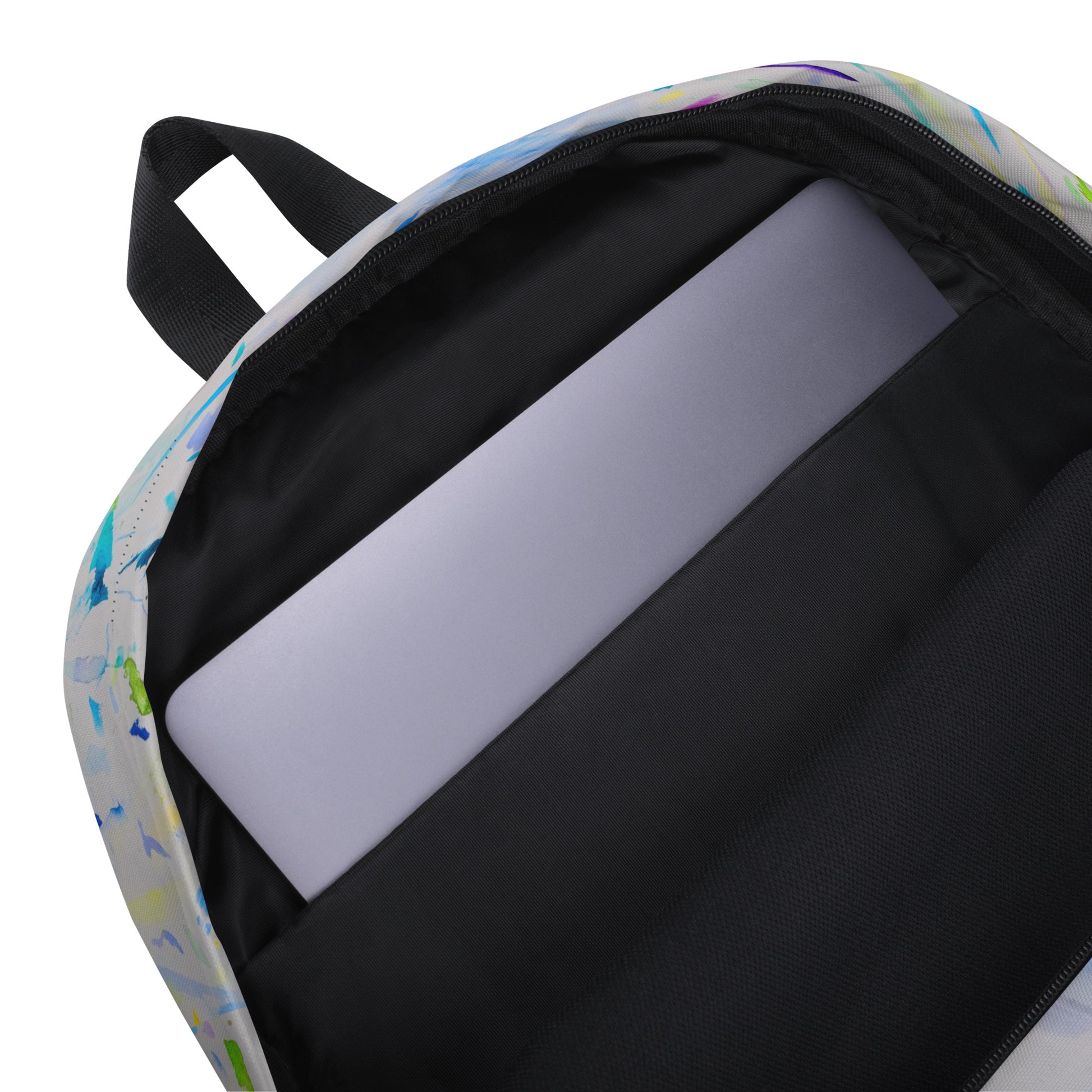 Stylish backpack featuring original artwork, with spacious compartments and durable construction—perfect for school, travel, work, or everyday use; combines function with artistic flair.