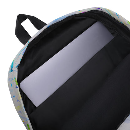 Stylish backpack featuring original artwork, with spacious compartments and durable construction—perfect for school, travel, work, or everyday use; combines function with artistic flair.