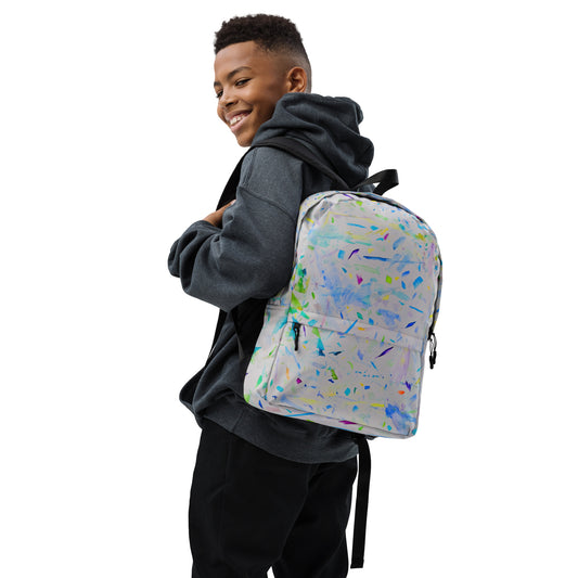 Stylish backpack featuring original artwork, with spacious compartments and durable construction—perfect for school, travel, work, or everyday use; combines function with artistic flair.