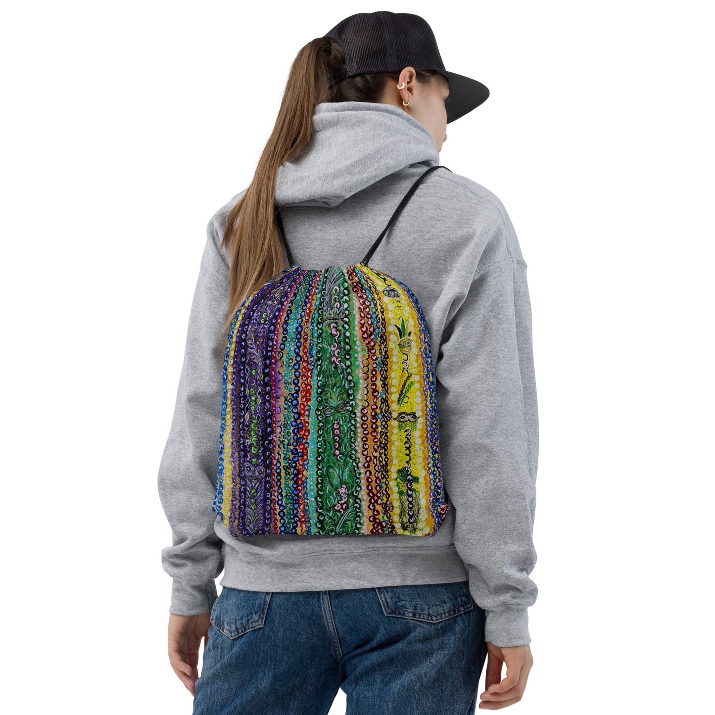 Lightweight drawstring bag featuring original artwork—perfect for gym, sports, travel, or daily errands; durable, compact, and stylish for art lovers on the go.