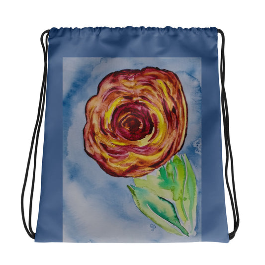 Drawstring bag with a colorful rose design on a blue background