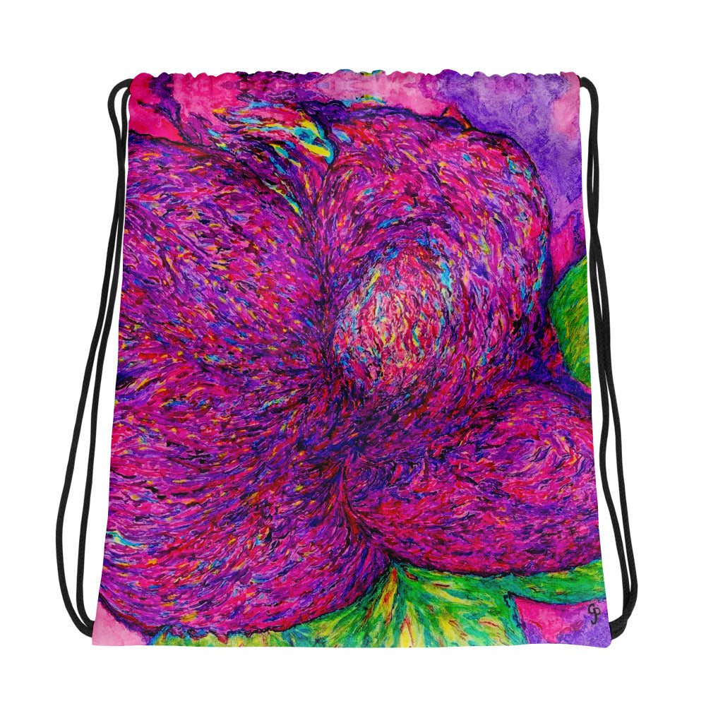 Drawstring bag with a colorful abstract design on a white background