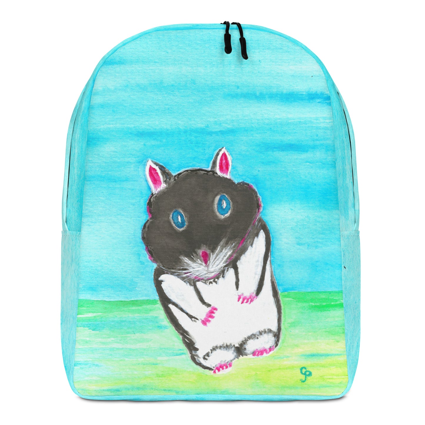 Backpack with a painted design of a black and white hamster on a blue and green gradient background