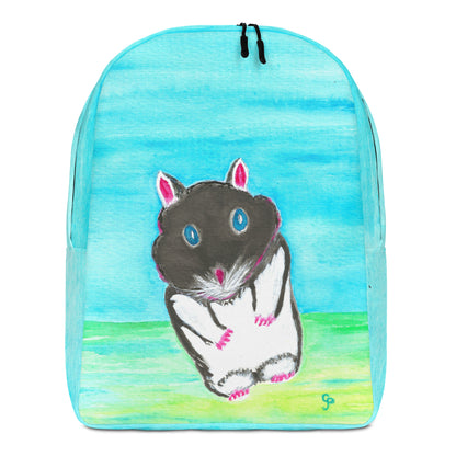 Backpack with a painted design of a black and white hamster on a blue and green gradient background
