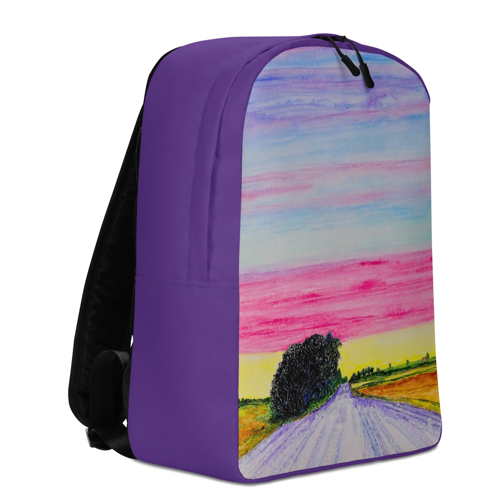 Purple backpack with a colorful landscape design on a white background