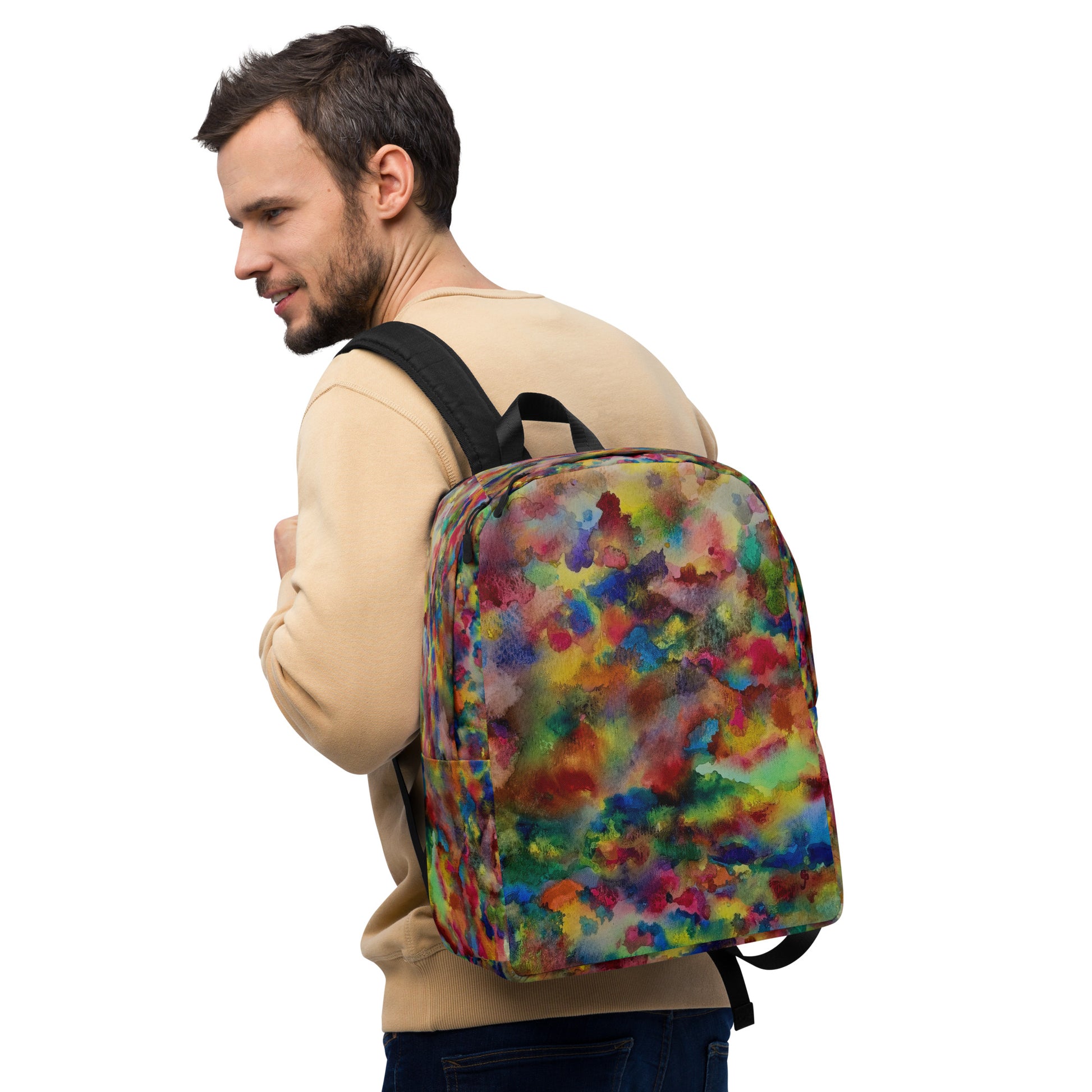 Stylish backpack featuring original artwork, with spacious compartments and durable construction—perfect for school, travel, work, or everyday use; combines function with artistic flair.