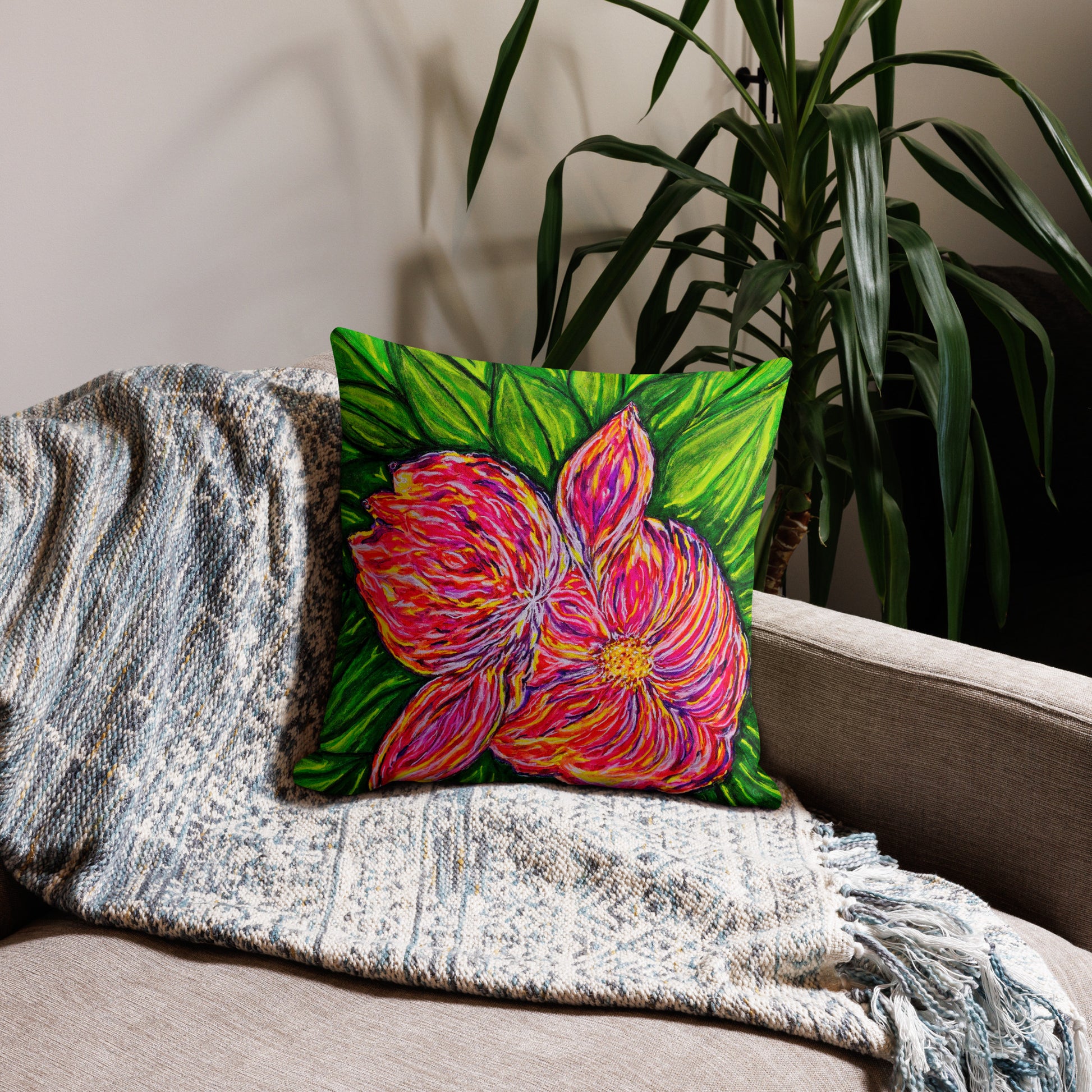 Premium decorative pillow featuring original artwork—plush, soft-touch fabric with a removable cover; perfect for enhancing living rooms, bedrooms, or cozy spaces with artistic home decor.