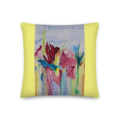 Decorative pillow with floral design on a yellow background