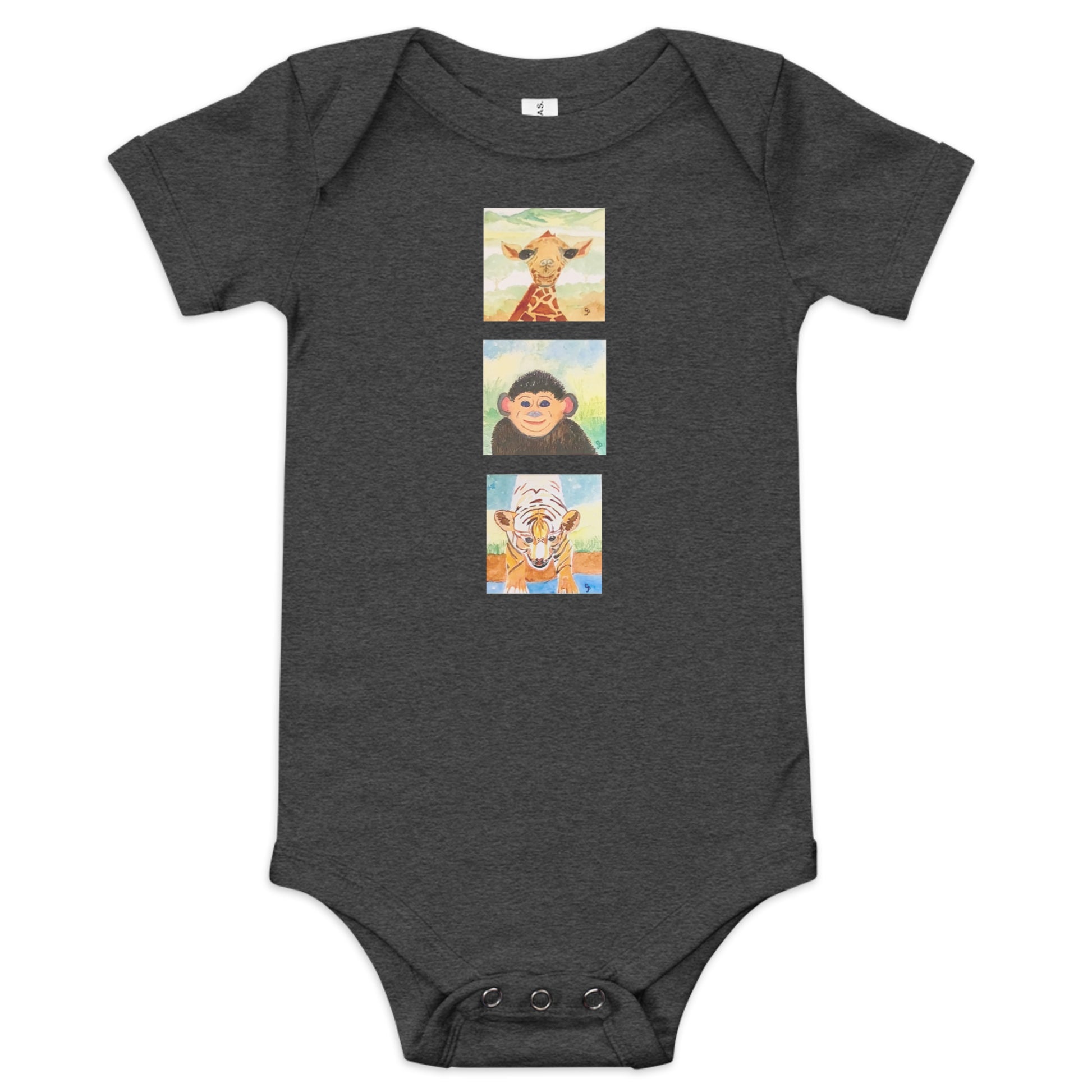 Dark gray baby onesie with animal illustrations on a white background