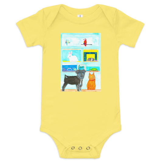 Yellow baby onesie with a colorful graphic of animals on a white background