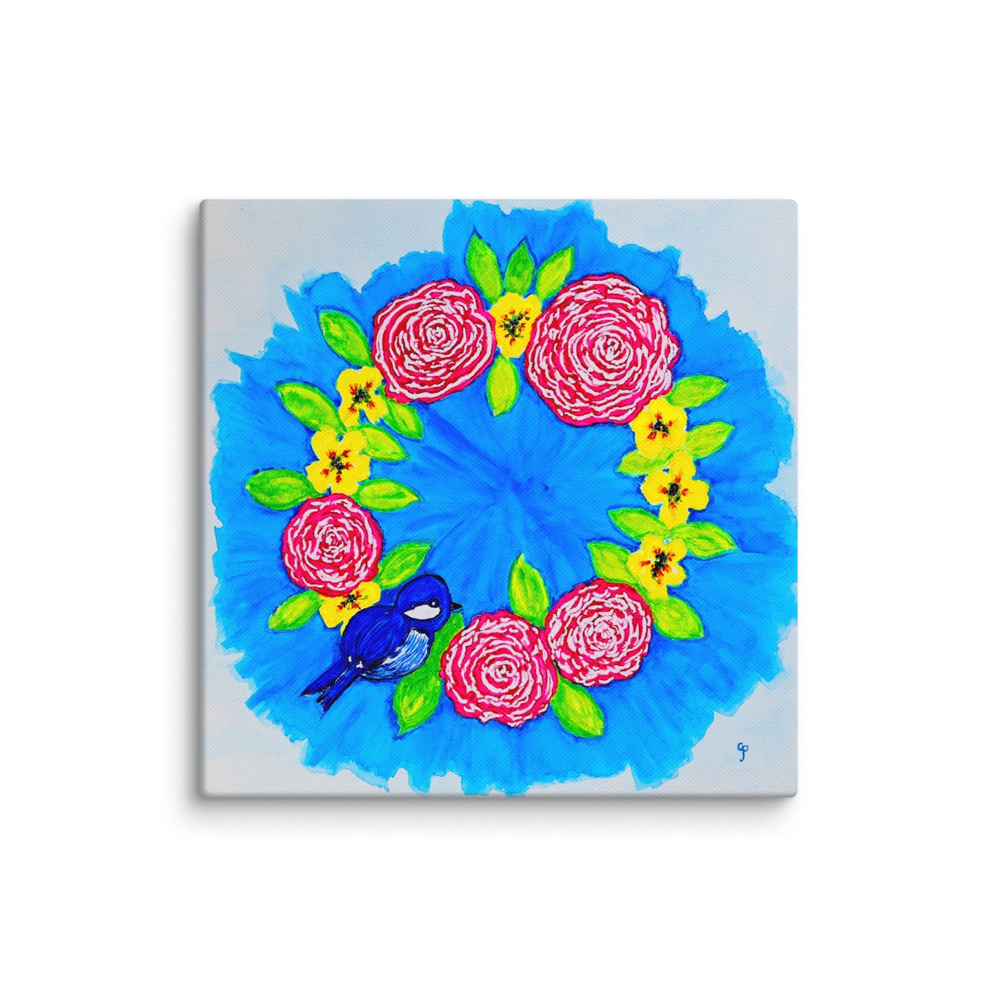 Canvas print with a colorful design of flowers and a bird on a white background