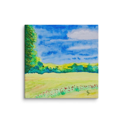 Painting of a landscape with trees, sky, and field on a white background
